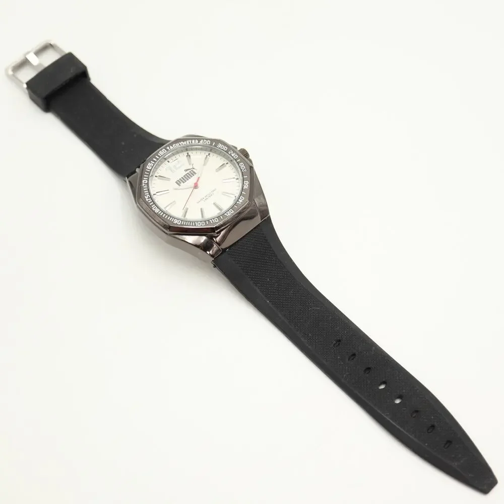Puma Men's Black Sport Analog 44mm Watch White Dial Silicone Strap w New Battery